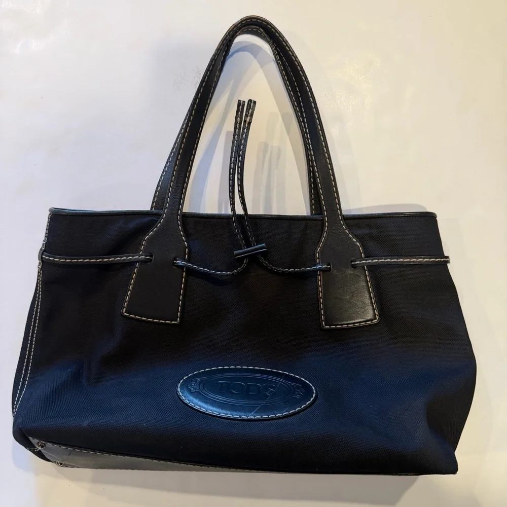 Tod’s Black Nylon Leather Trim Tote Bag Designer Luxury Shoulder Bag